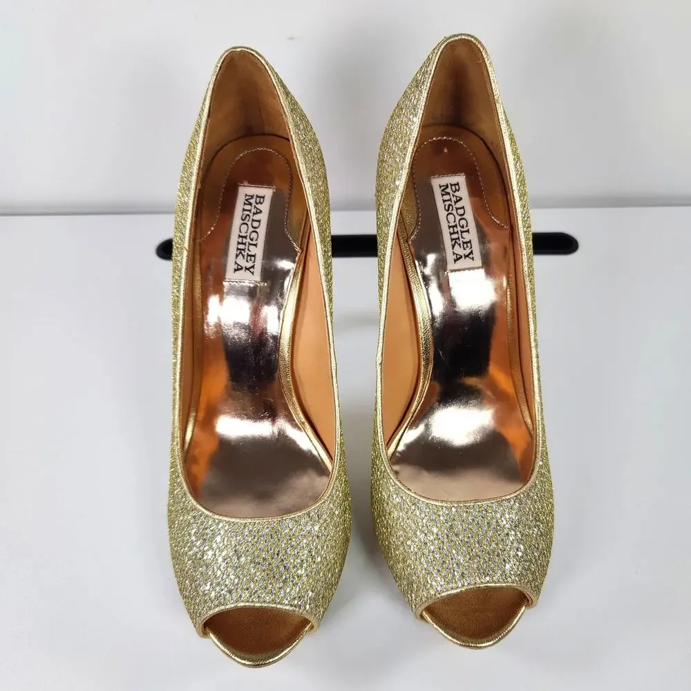 Badgley Mischka Glitter Platform Peep Toe Pumps Gold Stiletto Heels 10M